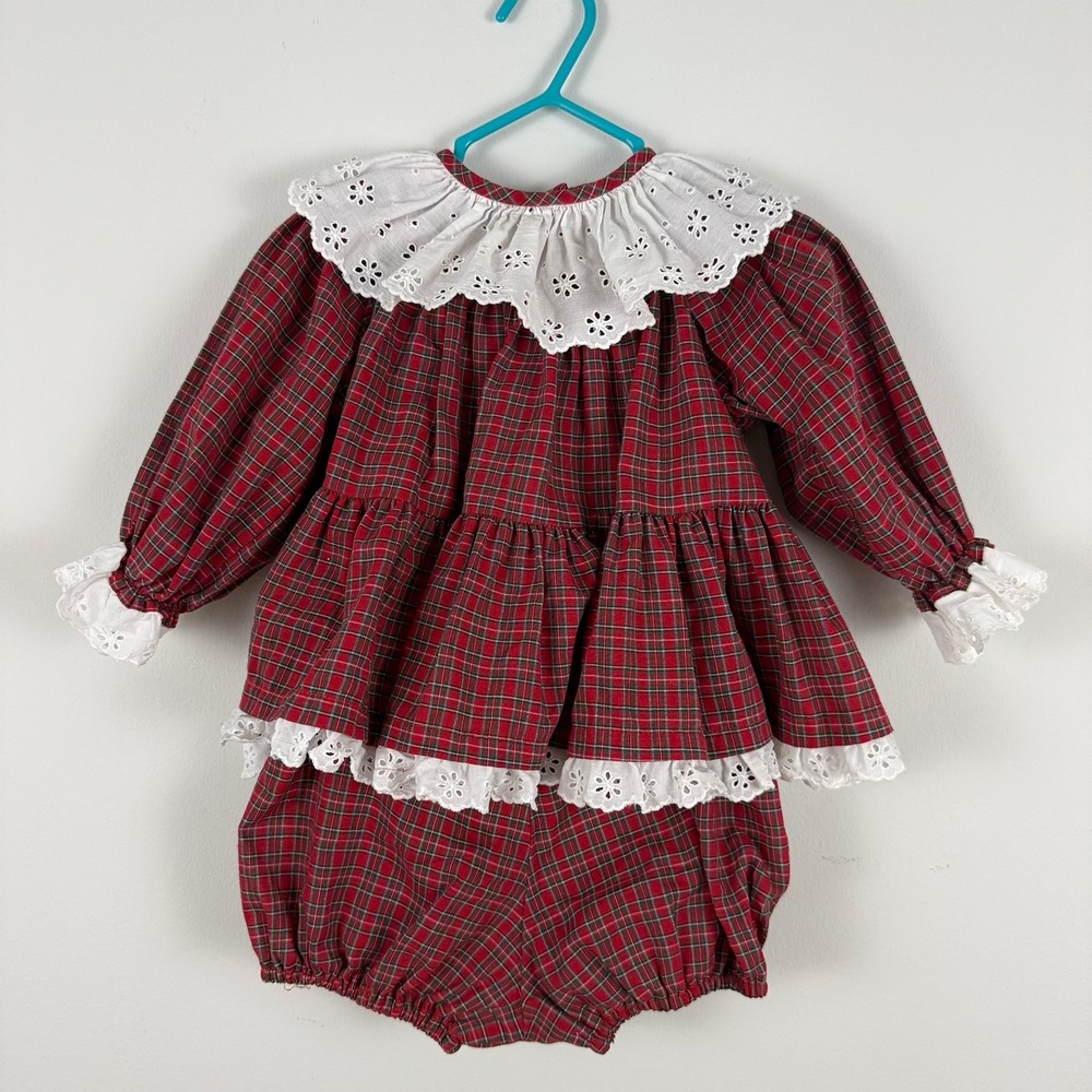 Vintage Elvira Vali Baby Girls Red Plaid Christmas Dress and Bloomers Set 12M